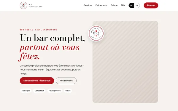 Page d’accueil de M2 Bar Service sur ordinateur et sur cellulaire